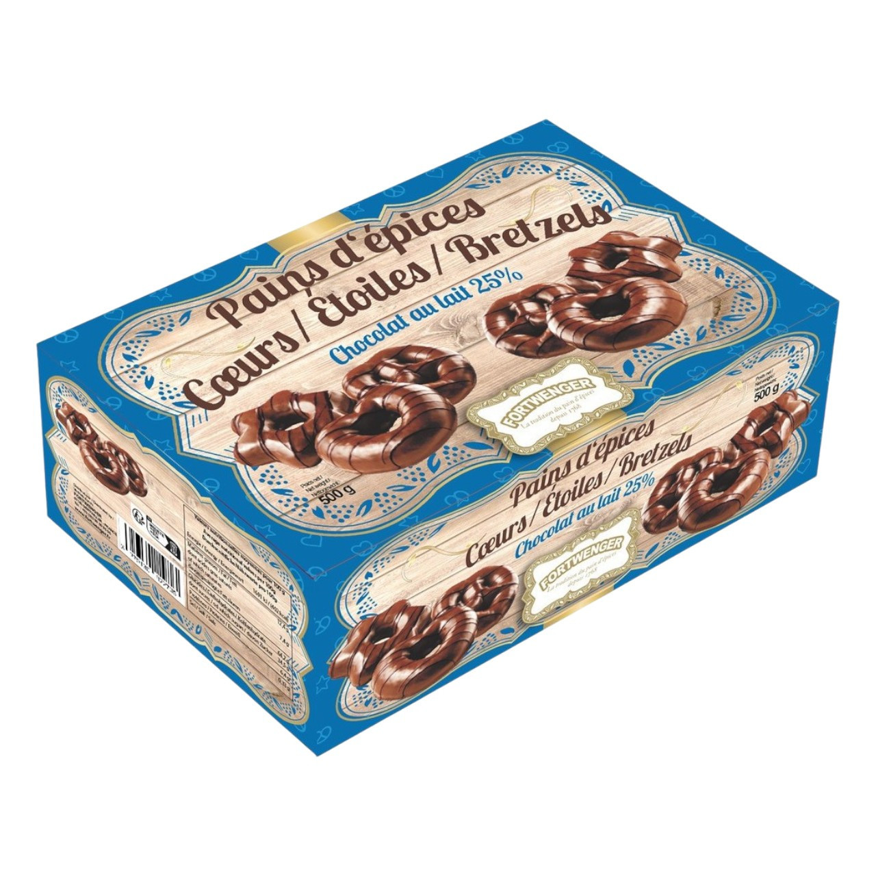 Boite Cœurs, Étoiles, Bretzels au chocolat au lait 500g